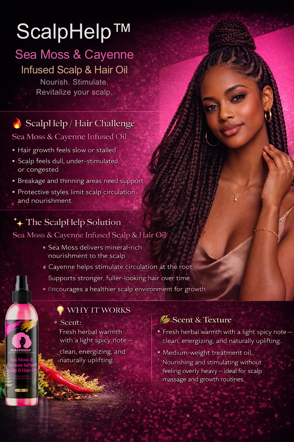 ScalpHelp(tm) Sea Moss & Cayenne Infused Scalp & Hair Oil Nourish. Stimulate. Revitalize your scalp.